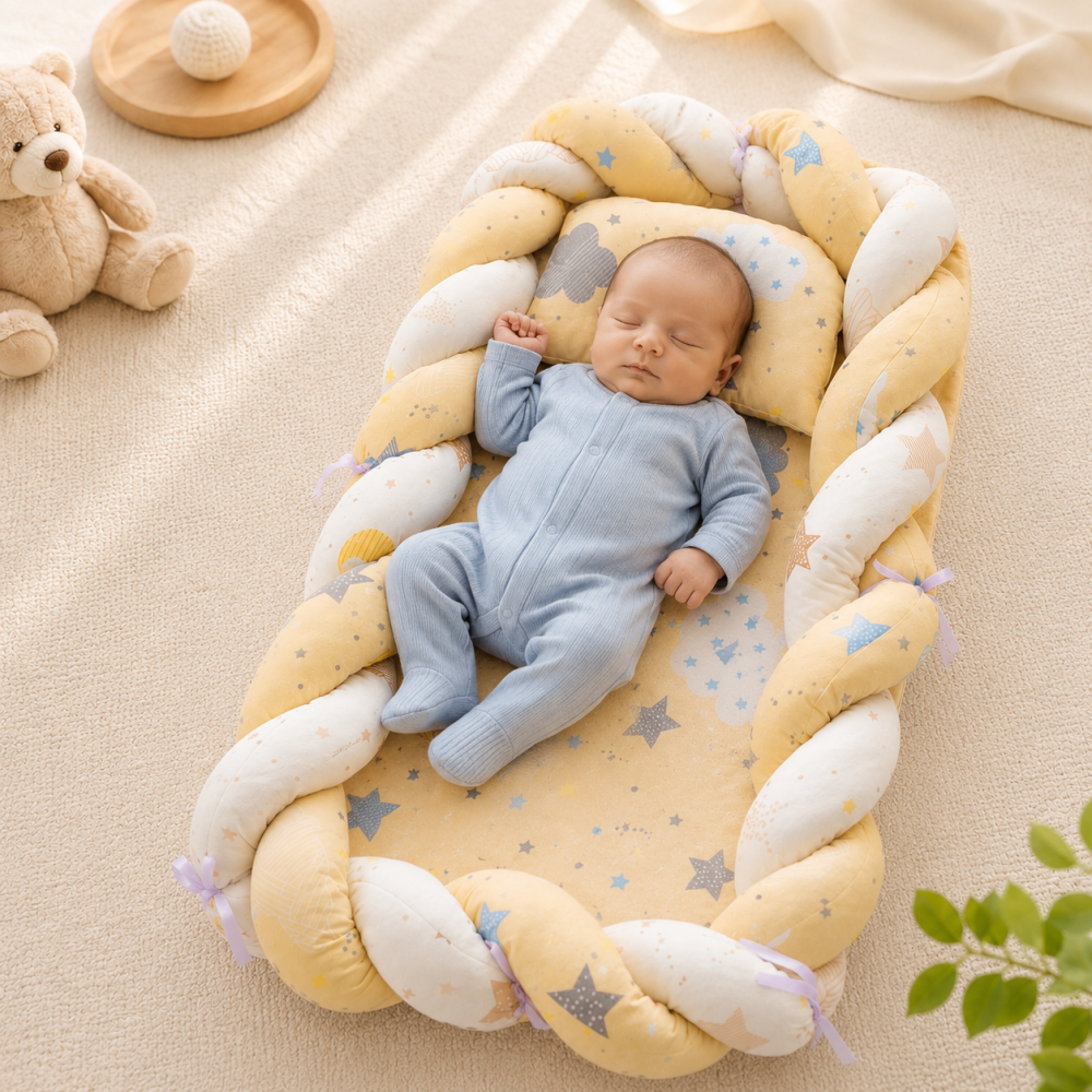 Baby nest cocon tricotat galben cu perna si saltea 72x52 cm [2]