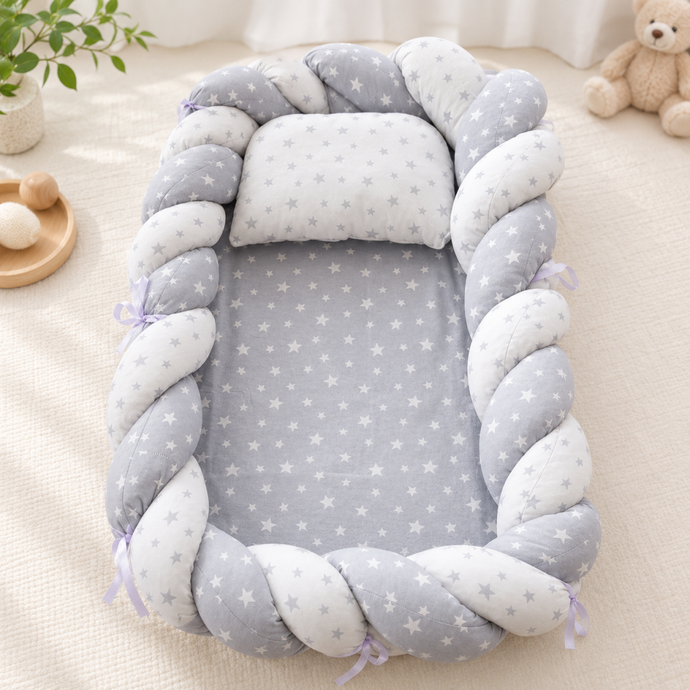 Baby Nest cocon tricotat gri cu perna si saltea din muselina [3]