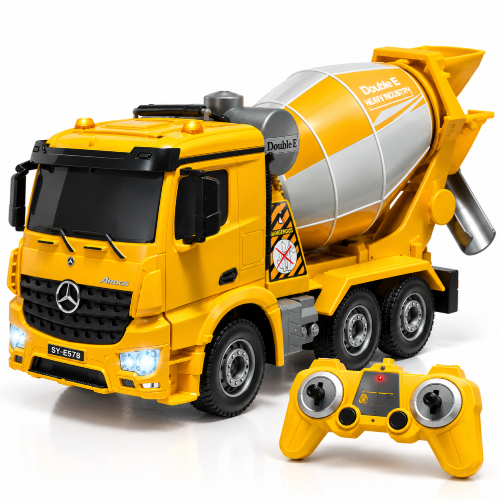 Betonieră cu telecomandă Mercedes-Benz Arocs Double E E578-003, licență oficială, tambur rotativ, 2,4 GHz, 1:26, galben, 6 ani+ [4]