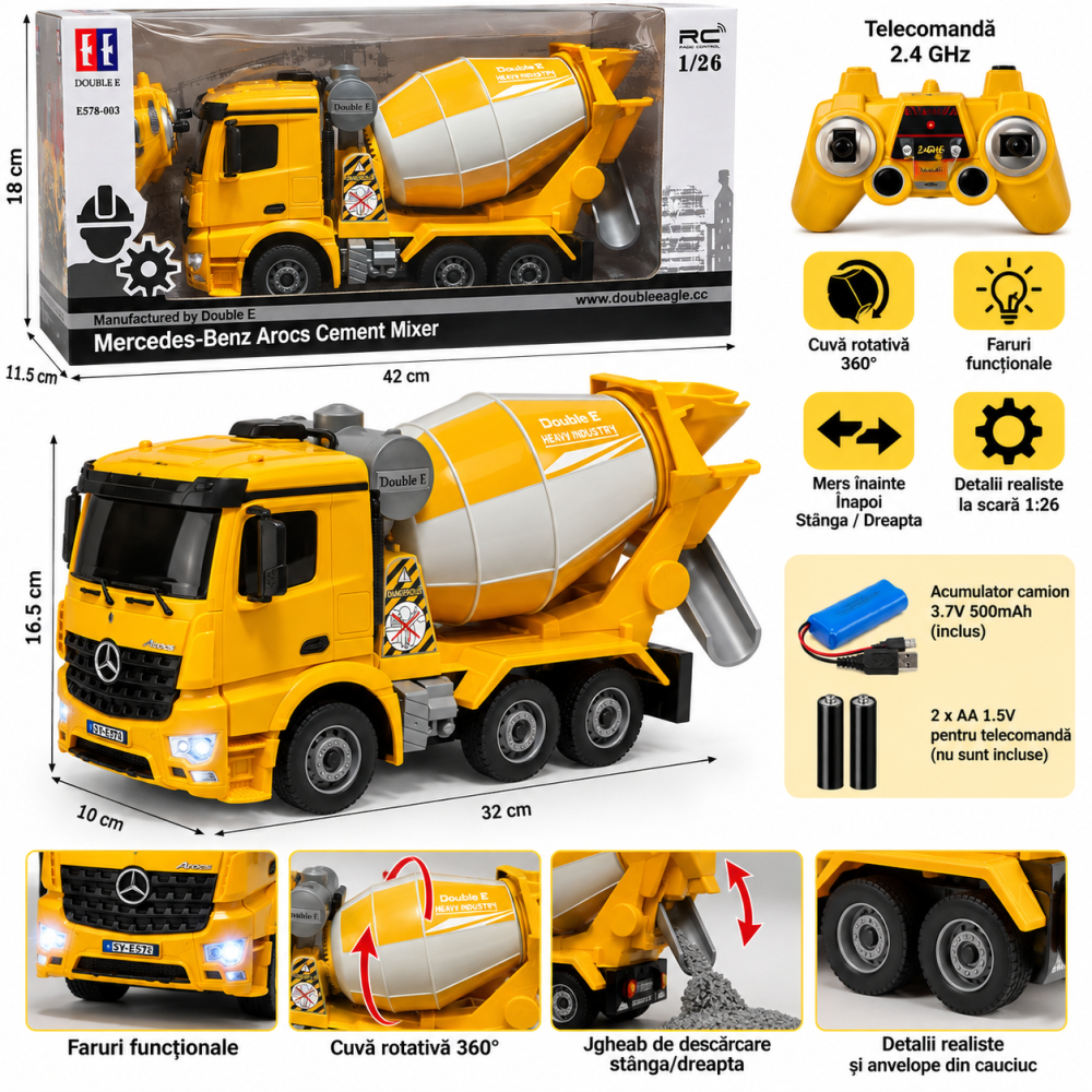 Betonieră cu telecomandă Mercedes-Benz Arocs Double E E578-003, licență oficială, tambur rotativ, 2,4 GHz, 1:26, galben, 6 ani+ [3]