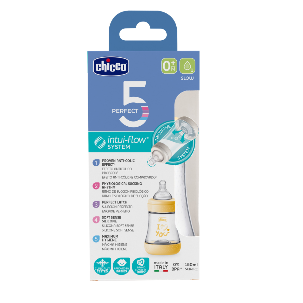 Biberon din sticla cu tetina din silicon 150 ml Chicco Perfect 5 153879, Galben [3]