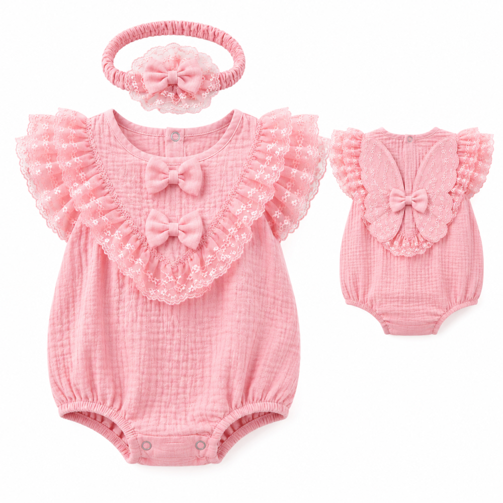 Body bebe roz din muselina cu dantela si fundite [3]