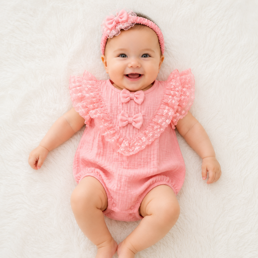 Body bebe roz din muselina cu dantela si fundite [2]