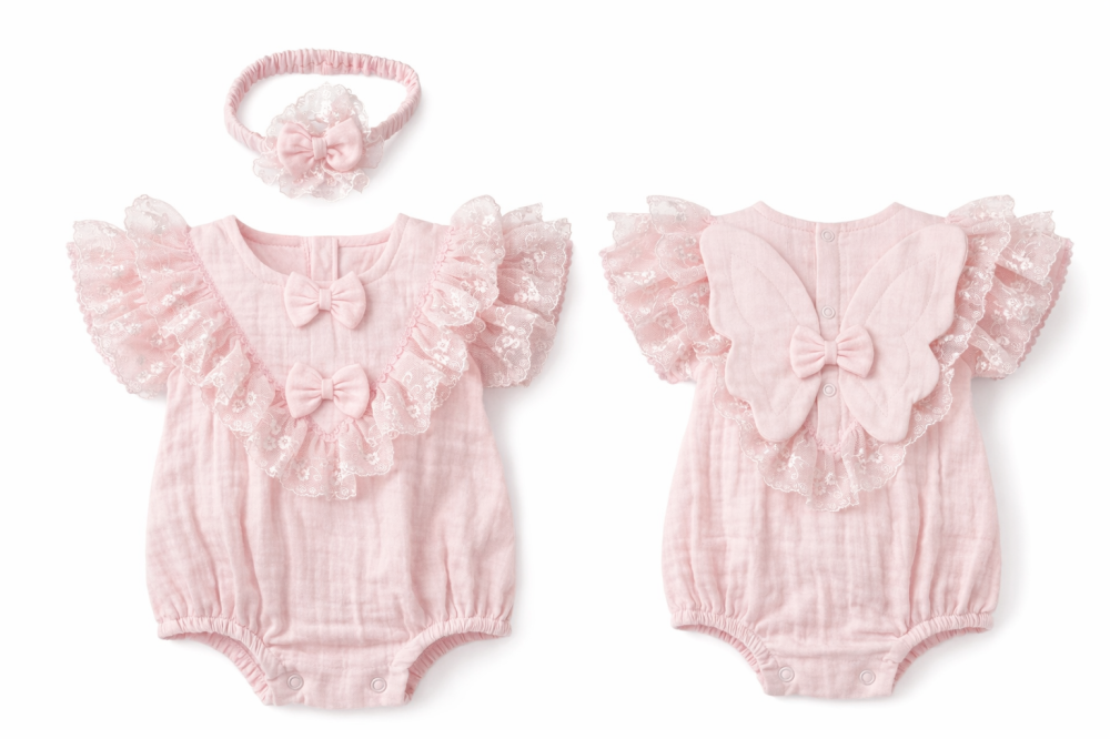 Body bebe roz din muselina cu dantela si fundite Kardesler [5]