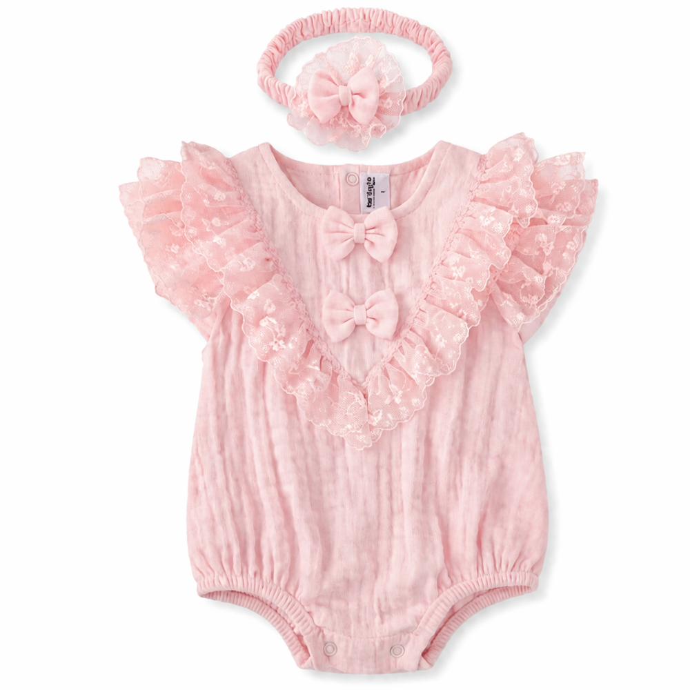 Body bebe roz din muselina cu dantela si fundite Kardesler [2]