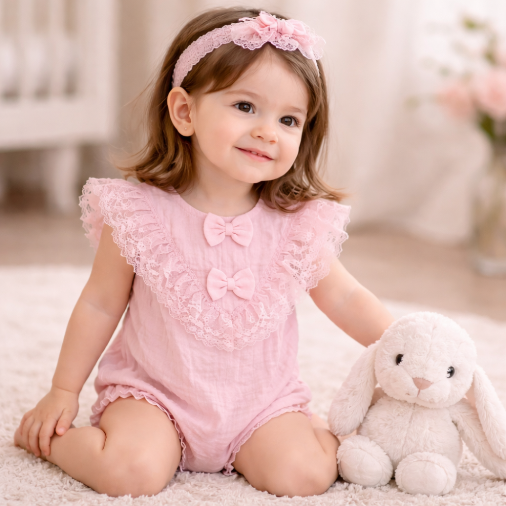 Body bebe roz din muselina cu dantela si fundite Kardesler [6]