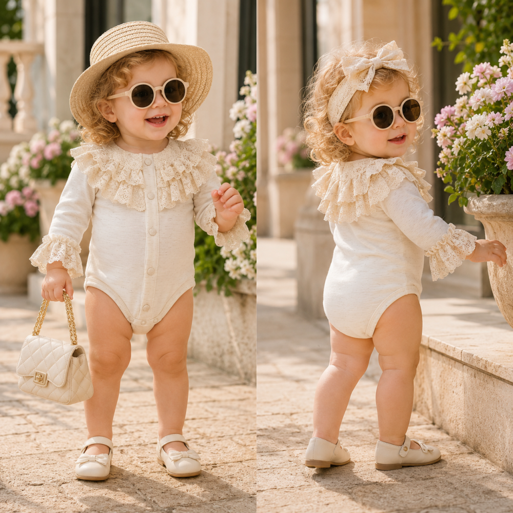 Body elegant fetite MYMIO cu bentita dantela crem 0-12 luni [2]