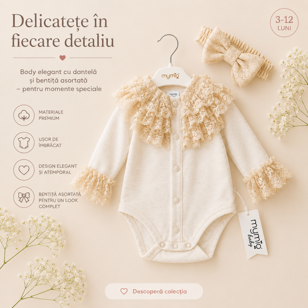 Body elegant fetite MYMIO cu bentita dantela crem 0-12 luni [4]