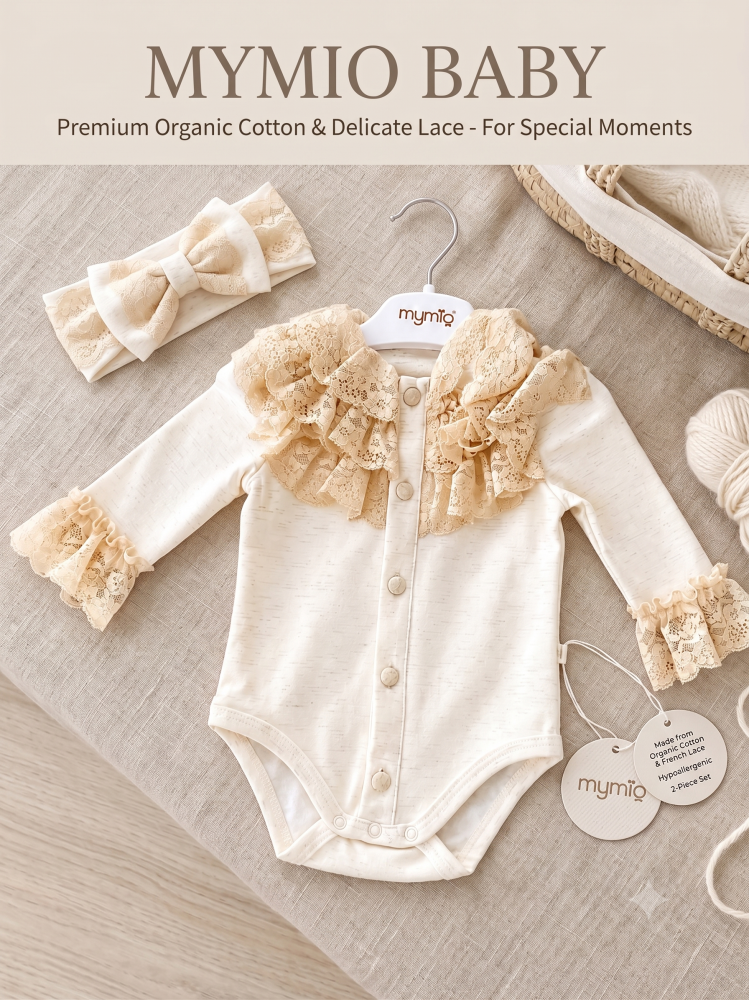 Body elegant fetite MYMIO cu bentita din dantela crem 0-12 luni [5]