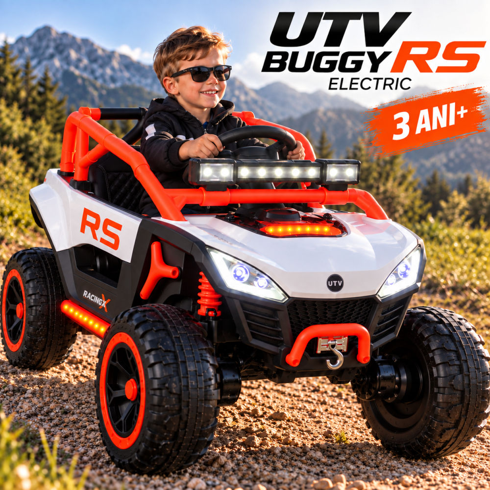 Buggy electric UTV RS Off-Road pentru copii, 12V 7Ah, 4×25W, telecomandă 2.4 GHz, balansare, troliu funcțional, lumini LED, portocaliu, 3 ani+ [8]