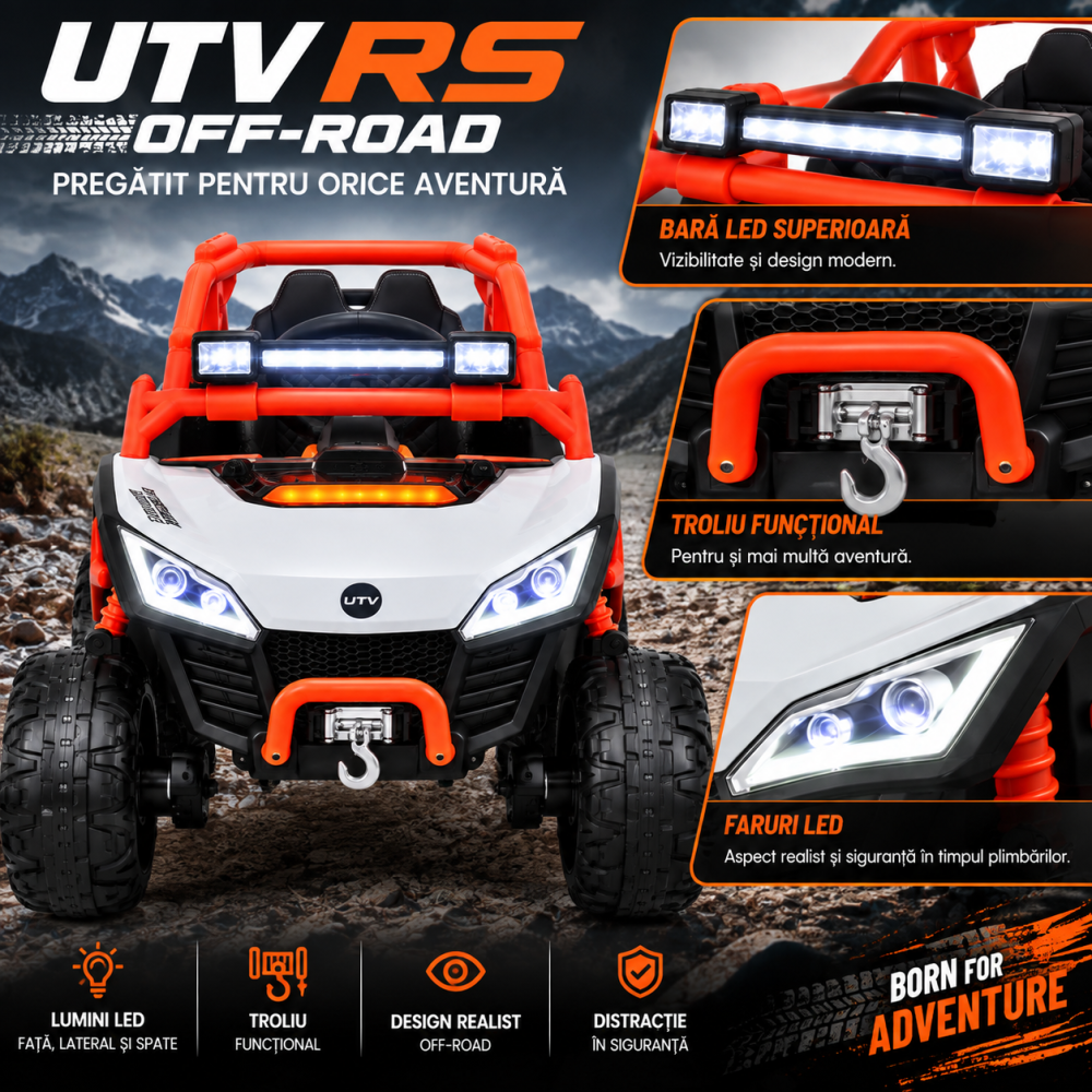 Buggy electric UTV RS Off-Road pentru copii, 12V 7Ah, 4×25W, telecomandă 2.4 GHz, balansare, troliu funcțional, lumini LED, portocaliu, 3 ani+ [3]