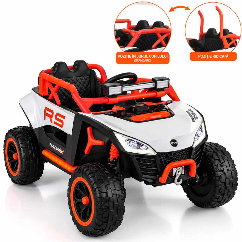 Buggy electric UTV RS Off-Road pentru copii, 12V 7Ah, 4×25W, telecomandă 2.4 GHz, balansare, troliu funcțional, lumini LED, portocaliu, 3 ani+ [2]