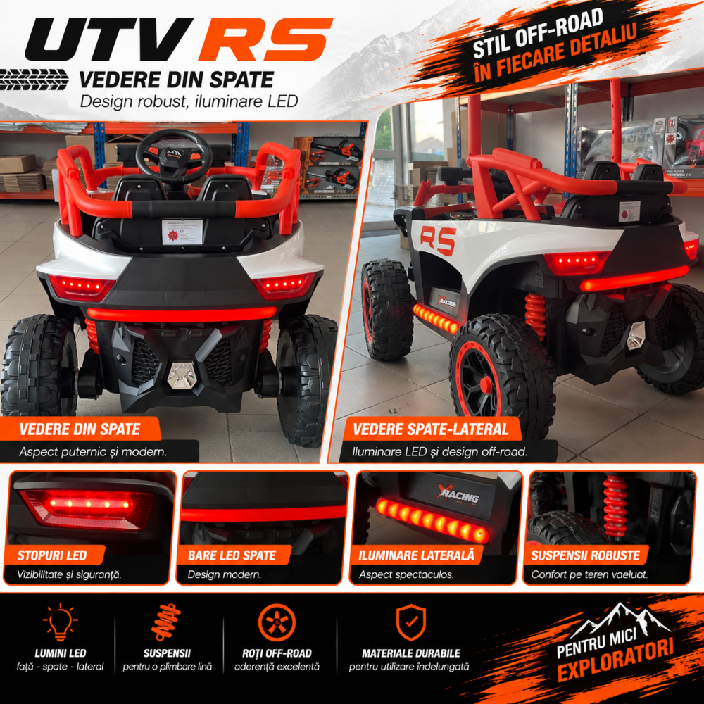 Buggy electric UTV RS Off-Road pentru copii, 12V 7Ah, 4×25W, telecomandă 2.4 GHz, balansare, troliu funcțional, lumini LED, portocaliu, 3 ani+ [7]
