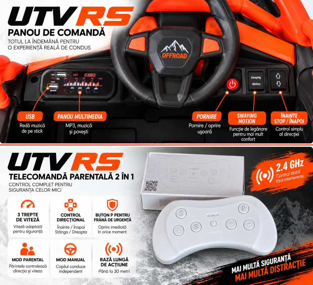 Buggy electric UTV RS Off-Road pentru copii, 12V 7Ah, 4×25W, telecomandă 2.4 GHz, balansare, troliu funcțional, lumini LED, portocaliu, 3 ani+ [5]
