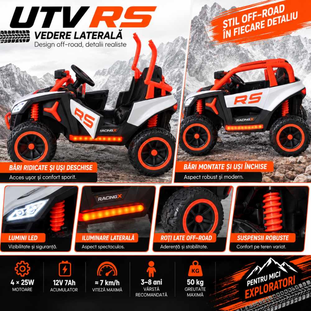 Buggy electric UTV RS Off-Road pentru copii, 12V 7Ah, 4×25W, telecomandă 2.4 GHz, balansare, troliu funcțional, lumini LED, portocaliu, 3 ani+ [6]