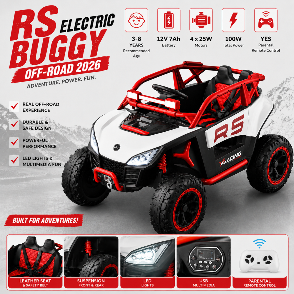 Buggy RS electric Off-Road pentru copii, 12V 7Ah, 4 motoare 25W, telecomanda parentala, USB, suspensii, ROSU, 1 loc, 3-8 ani [2]