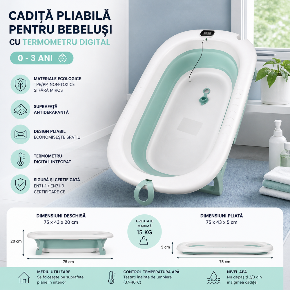 Cadita pliabila pentru bebelusi cu termometru digital verde 0-3 ani antiderapanta 75 cm [2]