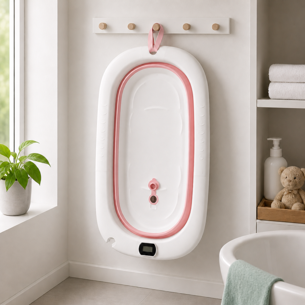 Cadita pliabila pentru bebelusi cu termometru digital roz 0-3 ani antiderapanta 75 cm [4]