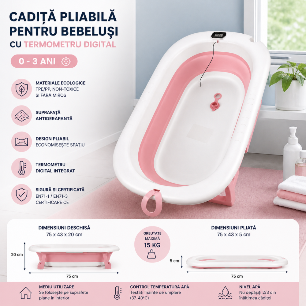 Cadita pliabila pentru bebelusi cu termometru digital roz 0-3 ani antiderapanta 75 cm [2]