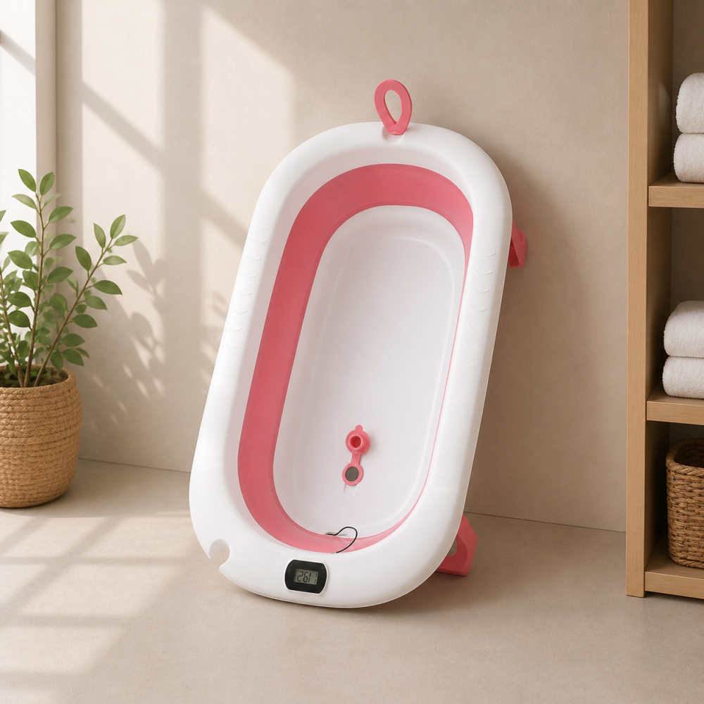Cadita pliabila pentru bebelusi cu termometru digital roz 0-3 ani antiderapanta 75 cm [3]