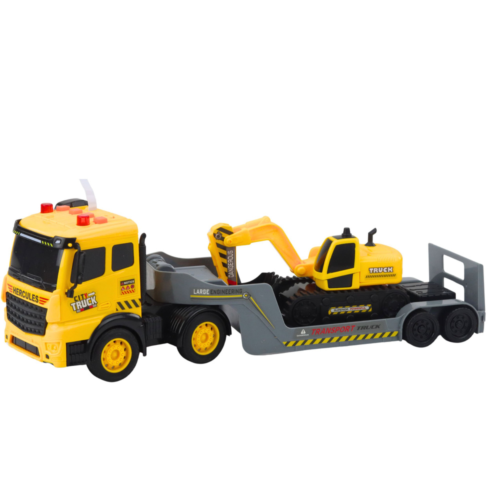 Camion platforma cu excavator pe senile rotire 360° galben 1:16 [2]