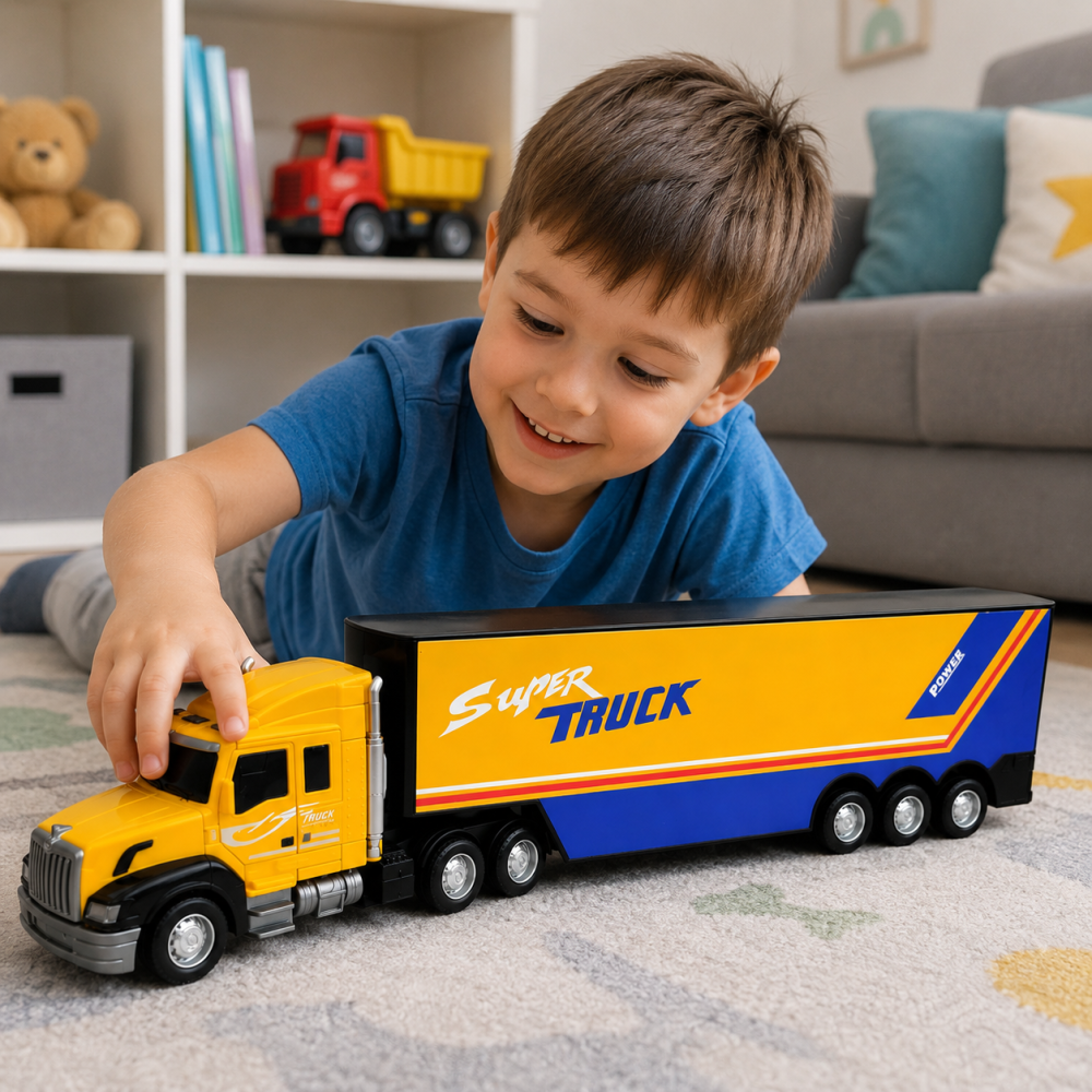 Camion jucarie TIR transport marfa cu remorca, scara 1:32, functie cu inertie, galben, 3 ani+ [2]