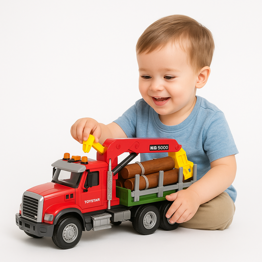 Camion transport busteni cu macara rosie lumini sunete baterii incluse scara 1:14 [1]