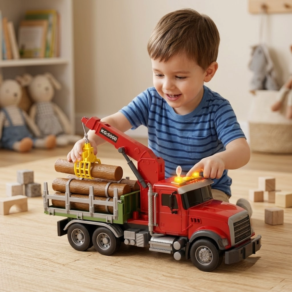 Camion cu Macara pentru Transport Busteni 1:14, Lumini si Sunete, Rosu, copii, 3 Ani+ [2]