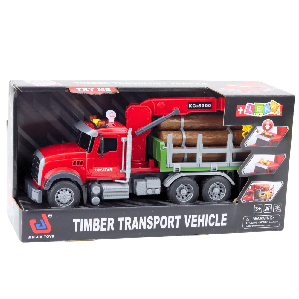 Camion transport busteni cu macara rosie lumini sunete baterii incluse scara 1:14 [4]