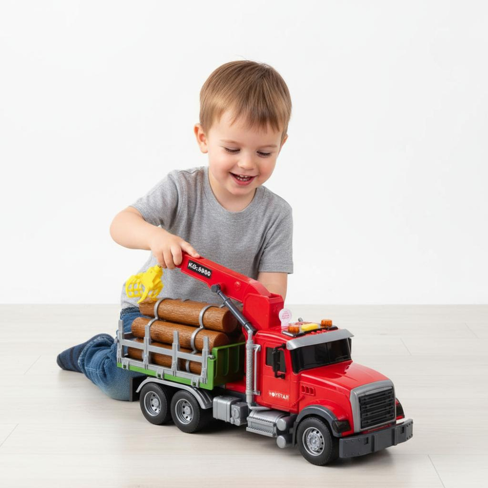 Camion transport busteni cu macara rosie lumini sunete baterii incluse scara 1:14 [2]