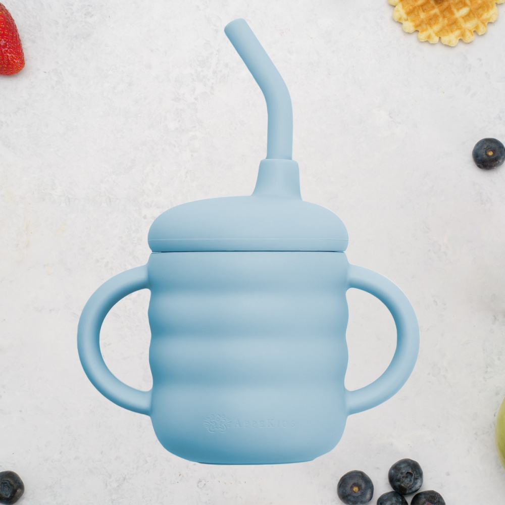 Cana din silicon cu pai, AppeKids - Albastru [1]