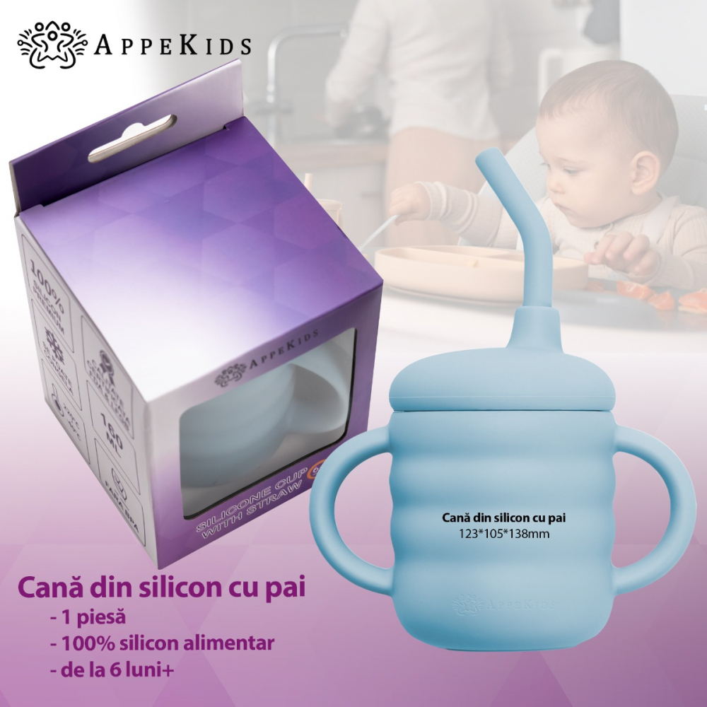 Cana din silicon cu pai, AppeKids - Albastru [2]