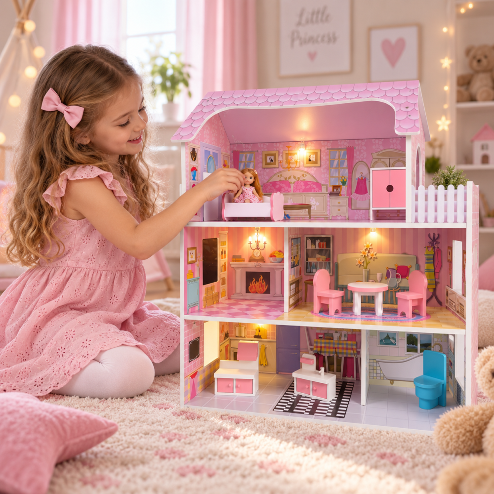Casuta din lemn pentru papusi cu 3 etaje, 5 camere, terasa, lumini LED si 9 piese mobilier, 70 x 60 x 24 cm, roz, fetite, 3 ani+ [2]