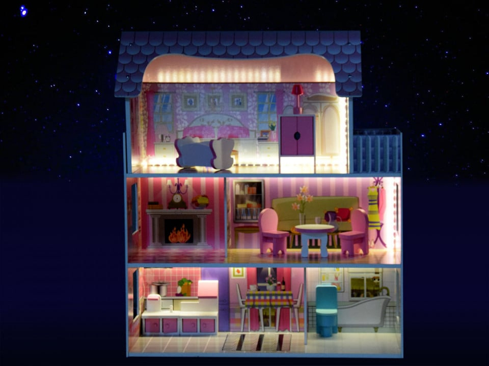 Casuta din lemn pentru papusi cu 3 etaje, 5 camere, terasa, lumini LED si 9 piese mobilier, 70 x 60 x 24 cm, roz, fetite, 3 ani+ [7]