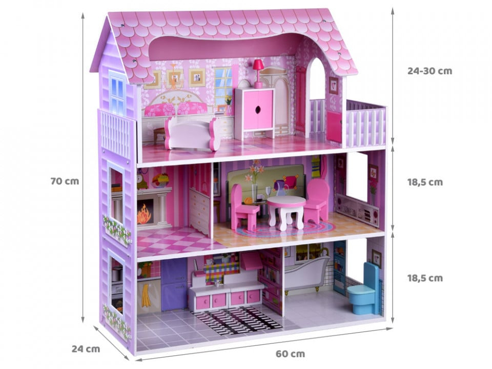 Casuta din lemn pentru papusi cu 3 etaje, 5 camere, terasa, lumini LED si 9 piese mobilier, 70 x 60 x 24 cm, roz, fetite, 3 ani+ [8]