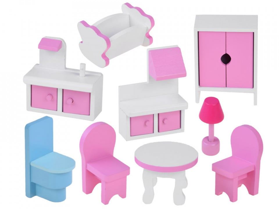 Casuta din lemn pentru papusi cu 3 etaje, 5 camere, terasa, lumini LED si 9 piese mobilier, 70 x 60 x 24 cm, roz, fetite, 3 ani+ [6]