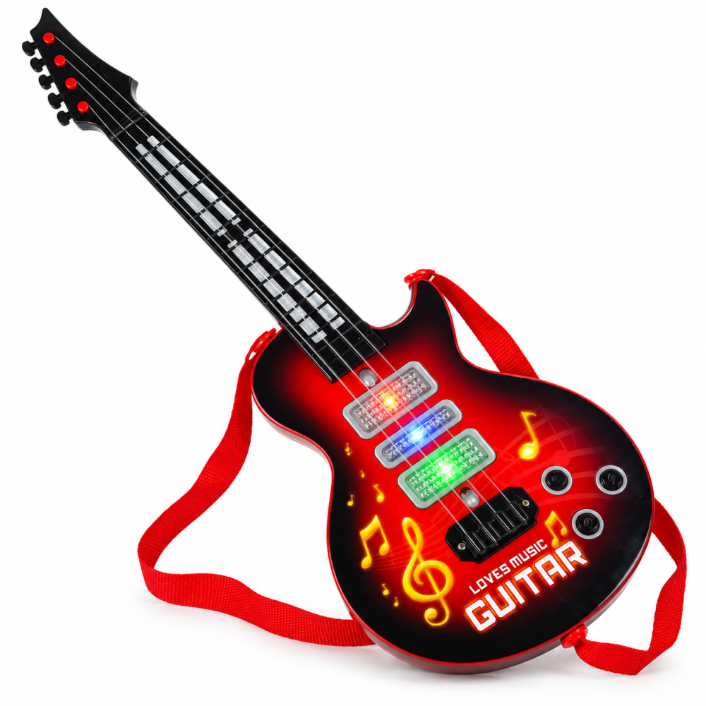 Chitara electrica copii cu 16 melodii si ritmuri, lumini LED colorate, 4 corzi si curea, 54 cm, rosie, 3 ani+ [2]