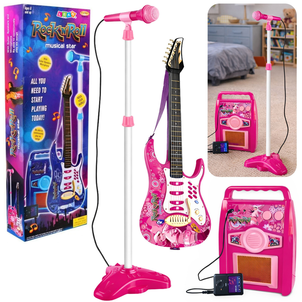Chitara electrica roz cu microfon si amplificator [3]