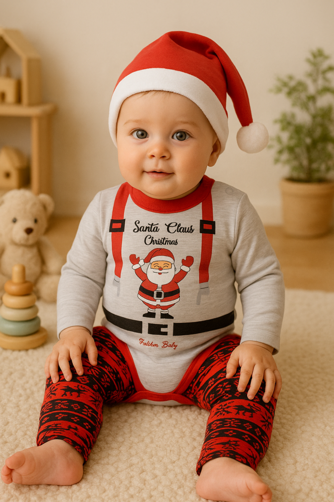 Compleu bebe Mos Craciun – set 3 piese body, pantaloni si caciula [2]