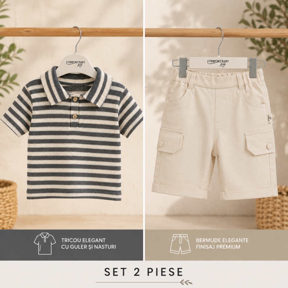 Compleu vara baieti tricou cu guler si bermude COMFORT bumbac gri-crem 3-6 ani [2]