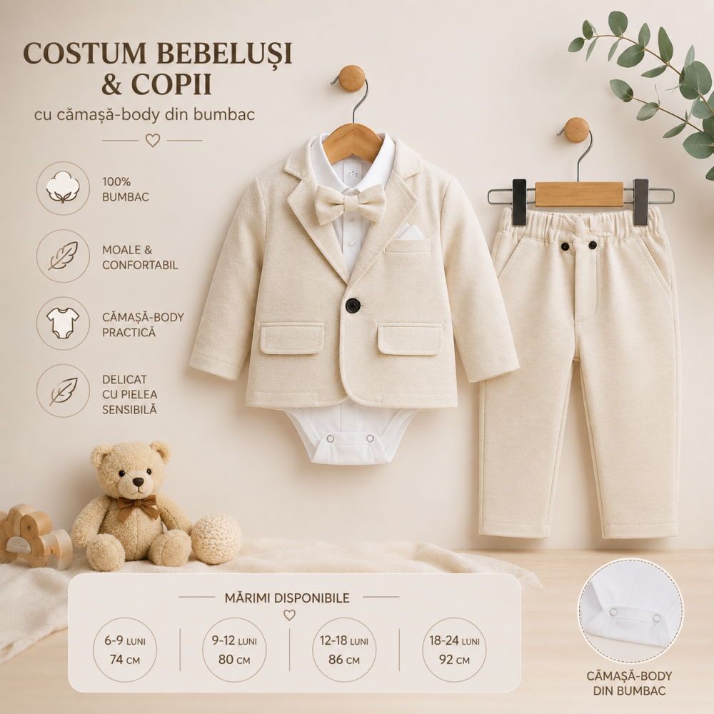 Costum bebe baieti Terry 100% bumbac crem  sacou camasa cu body papion si pantaloni 6-24 luni [4]