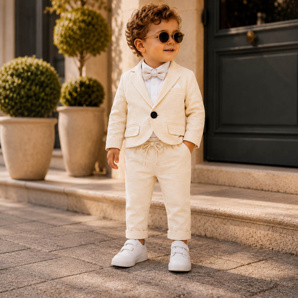 Costum bebe baieti Terry 100% bumbac crem  sacou camasa cu body papion si pantaloni 6-24 luni [2]