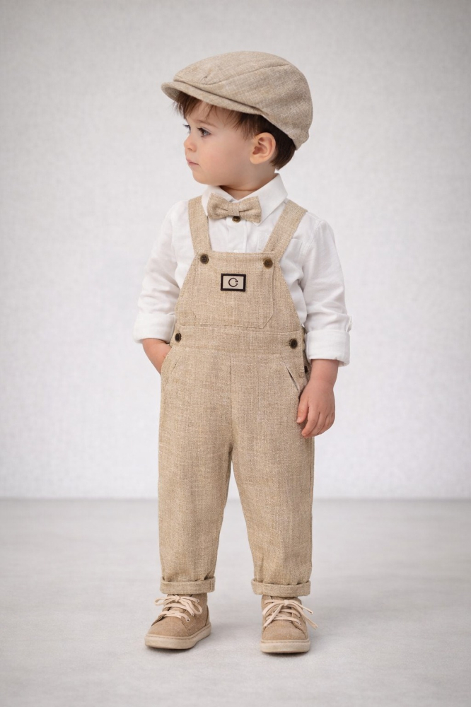 Set elegant bebe bej cu salopeta camasa papion si palarie [3]