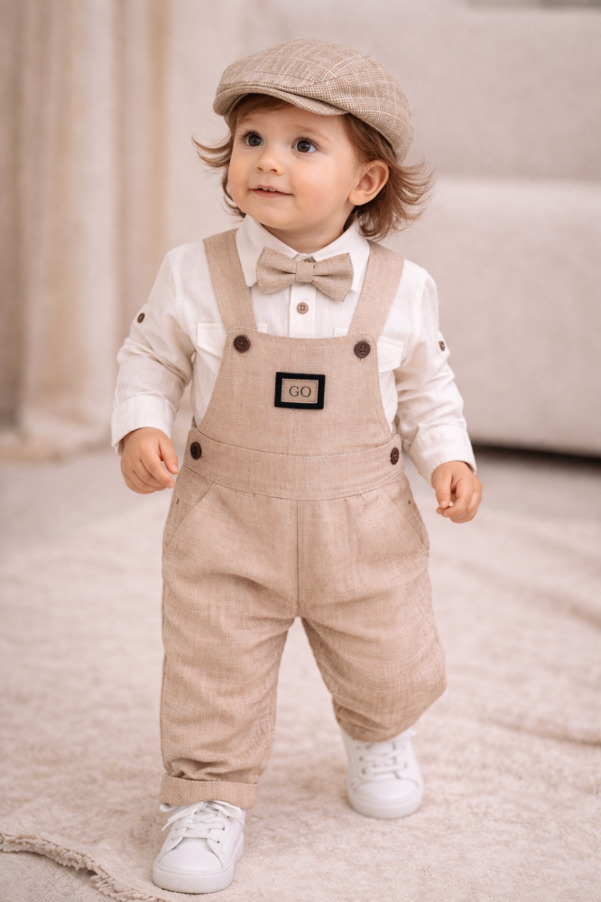 Set elegant bebe bej cu salopeta camasa papion si palarie [2]