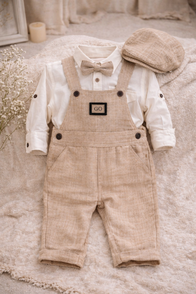 Set elegant bebe bej cu salopeta camasa papion si palarie [4]