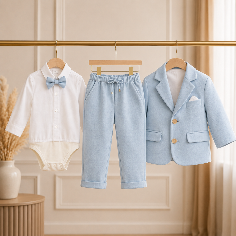 Costum elegant bebelusi albastru cu sacou papion si pantaloni elastici cu snur [4]