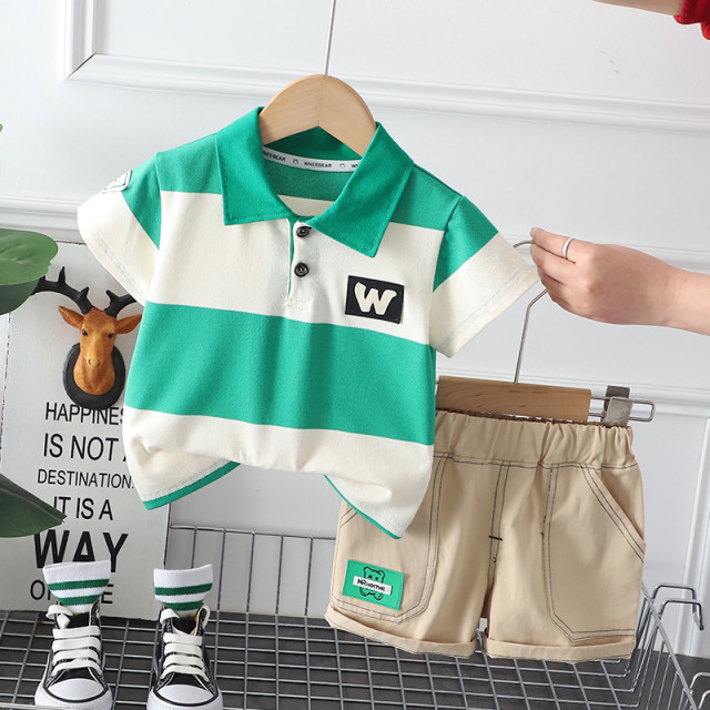 Costumas pentru baietei cu tricou tip polo in dungi verzi si ivoire [1]