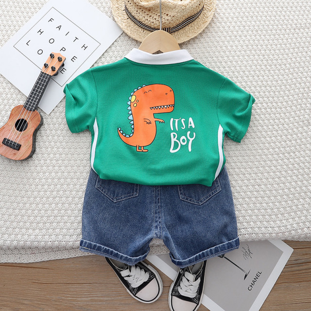 Compleu baieti cu tricou polo verde si bermude denim Dino [3]