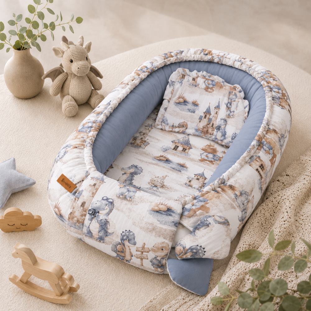 Baby Nest, Cuib bebe din muselina cu dragoni jeans 80x45 + perna 0-6 luni [2]