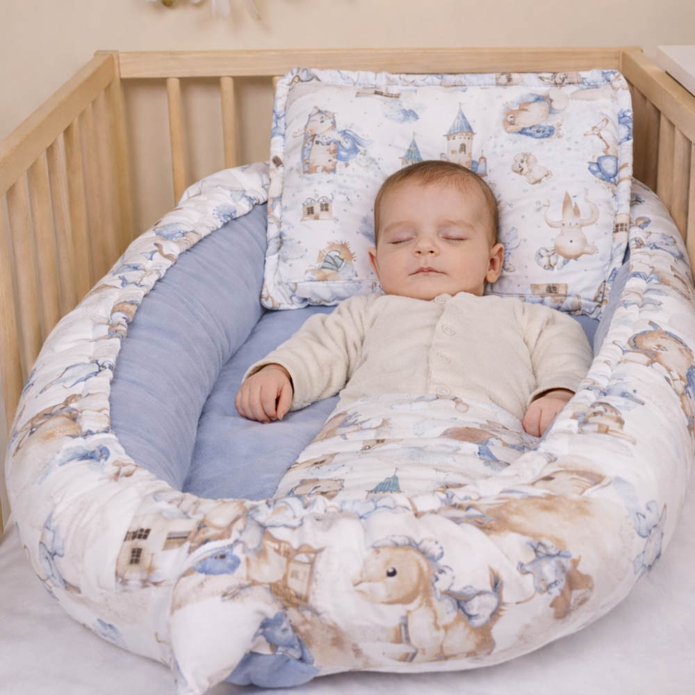 Cuib bebe din muselina cu dragoni jeans 80x45 + perna [2]